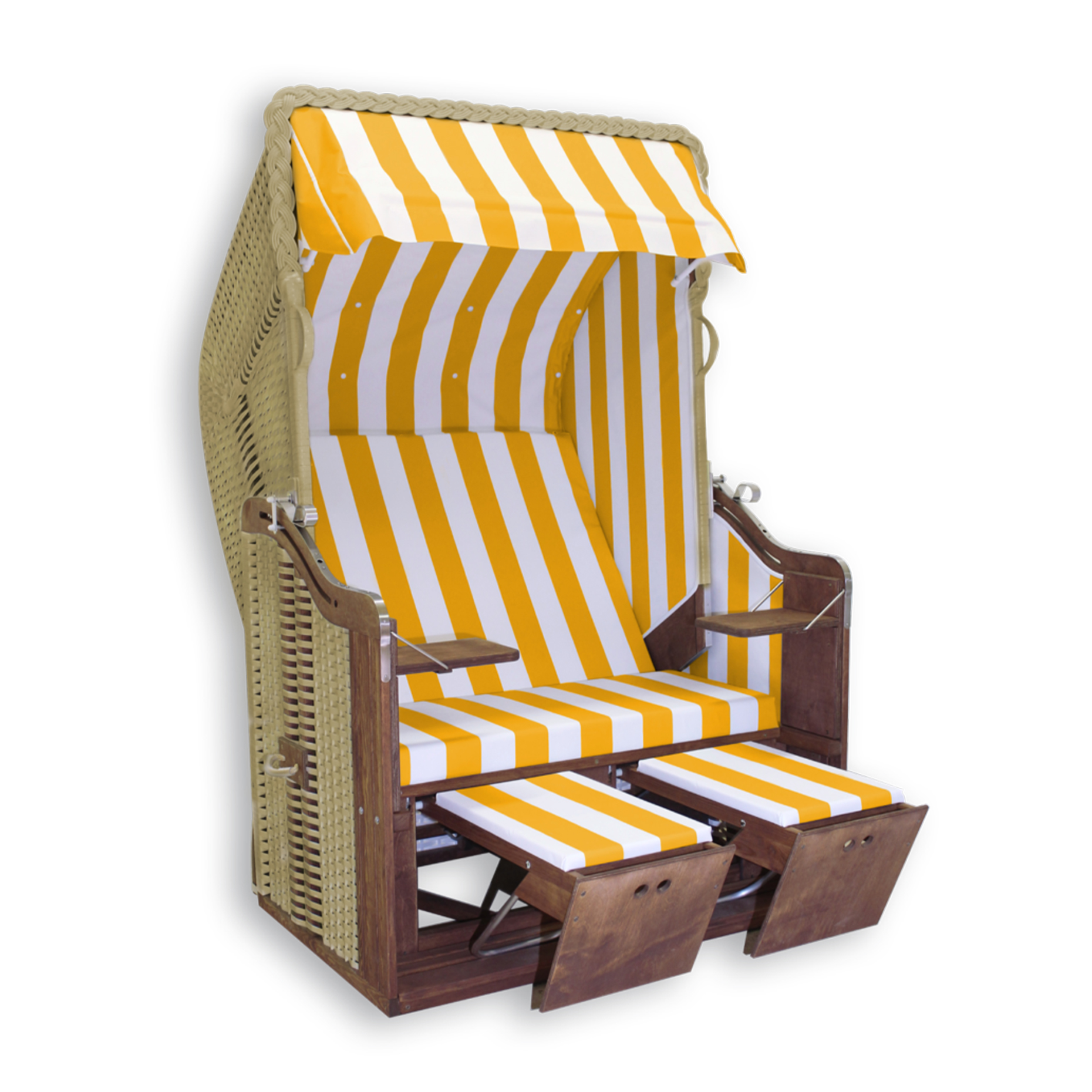 Strandkorb „Kieler Jung“ Kiefer Teak lasiert, Stoff: gelb-weiß, Geflecht: PVC-beige