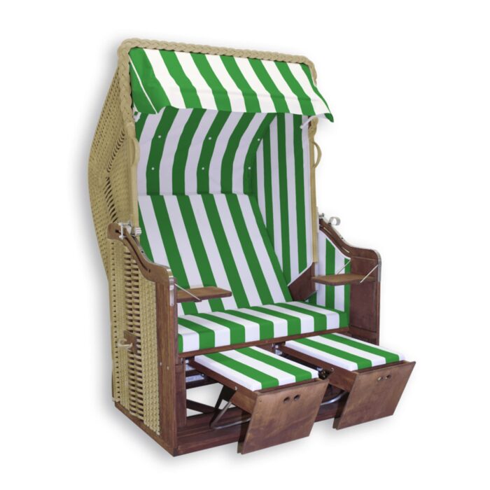 „Kieler Jung“ Kiefer Teak lasiert, Stoff: grün-weiß, Geflecht: PVC-beige
