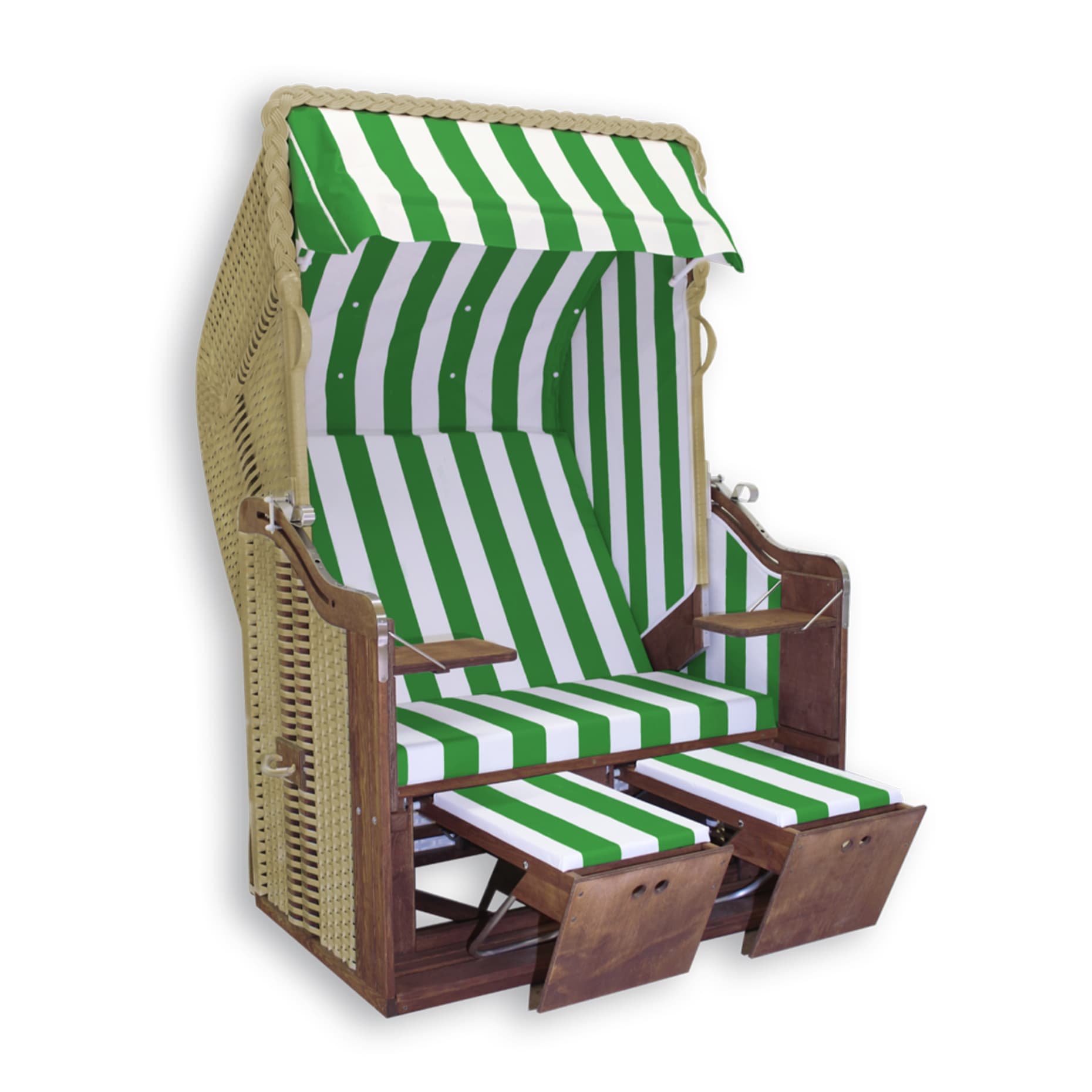 „Kieler Jung“ Kiefer Teak lasiert, Stoff: grün-weiß, Geflecht: PVC-beige