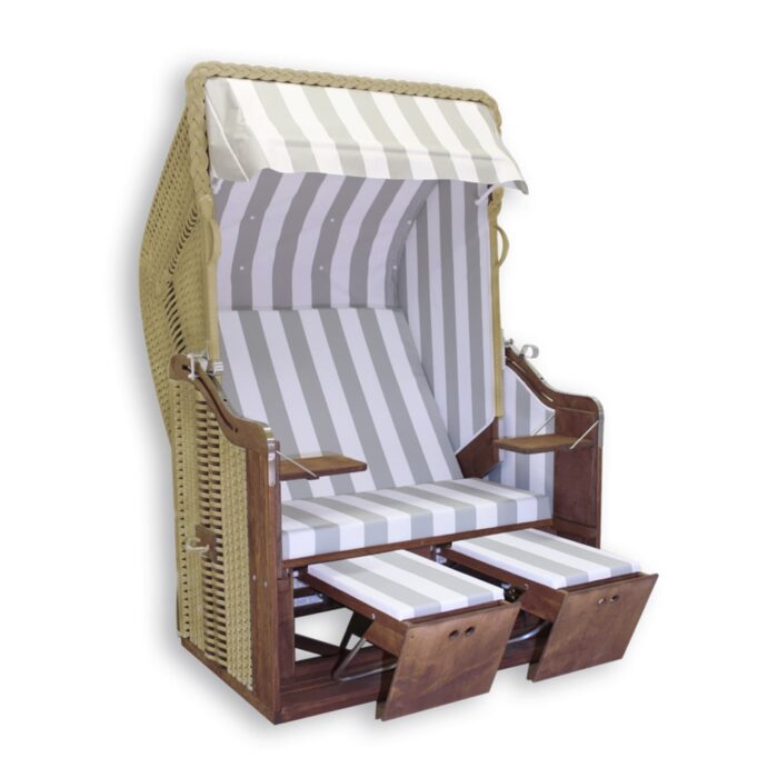 Strandkorb „Kieler Jung“ Kiefer Teak lasiert, Stoff: grau-weiß, Geflecht: PVC-beige