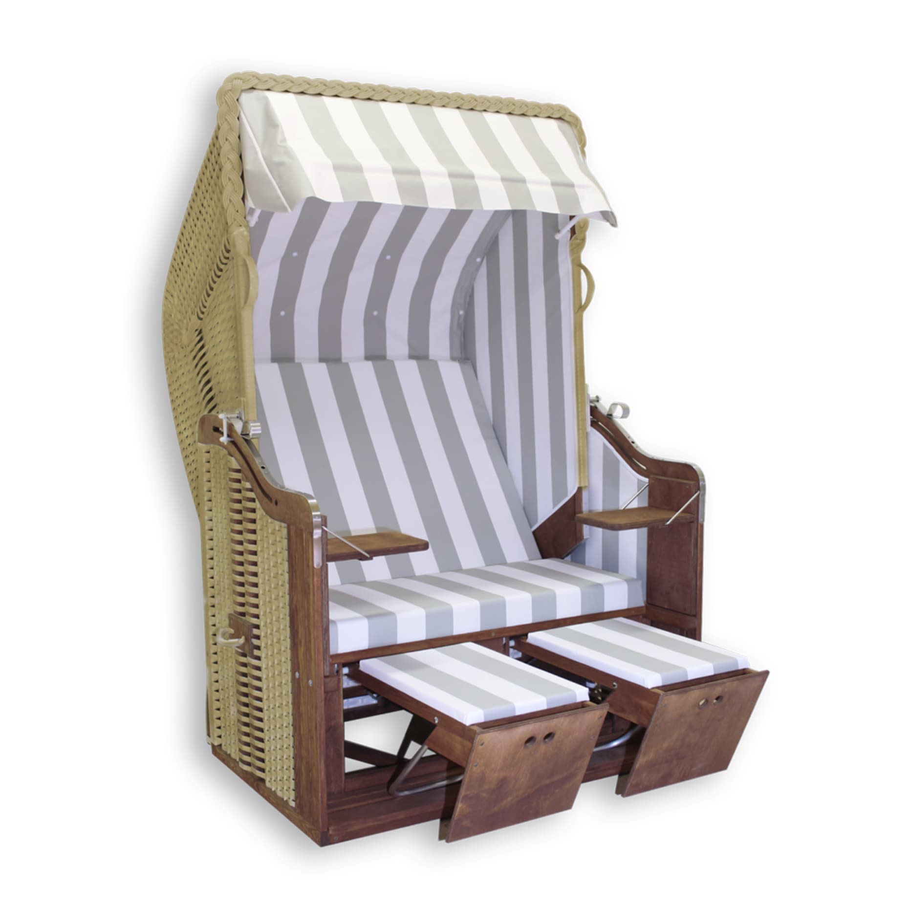 Strandkorb „Kieler Jung“ Kiefer Teak lasiert, Stoff: grau-weiß, Geflecht: PVC-beige