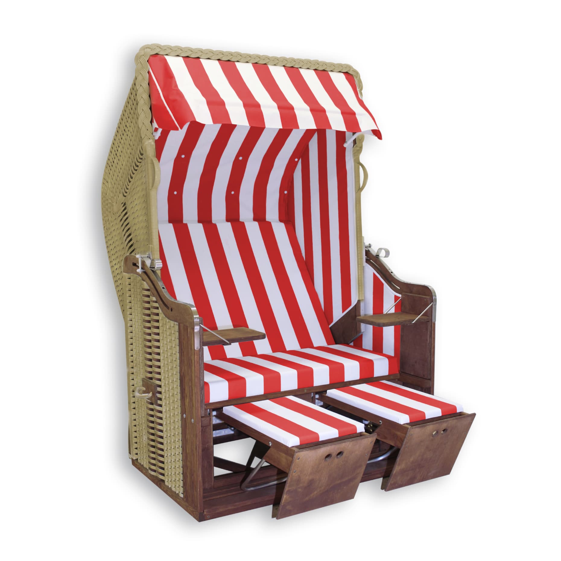 Strandkorb „Kieler Jung“ Kiefer Teak lasiert, Stoff: rot-weiß, Geflecht: PVC-beige