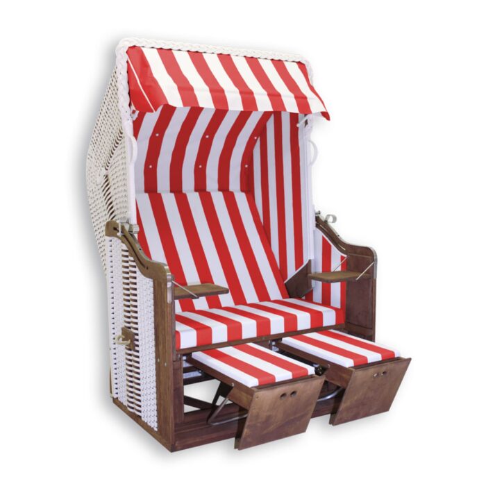 Strandkorb „Kieler Jung“ Kiefer Teak lasiert, Stoff: rot-weiß, Geflecht: PVC-Weiß