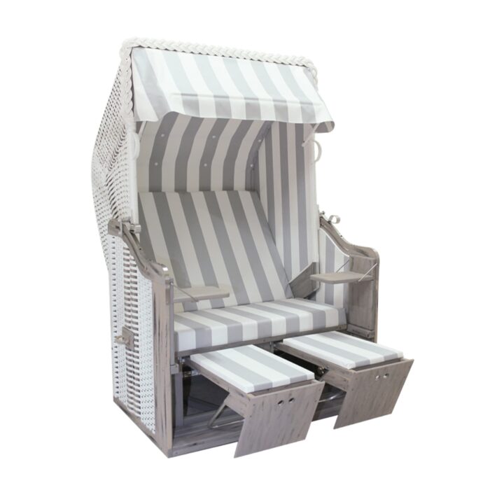 Strandkorb „Kieler Jung“ Kiefer Vintage lasiert, Stoff: grau-weiß, Geflecht: PVC-Weiß