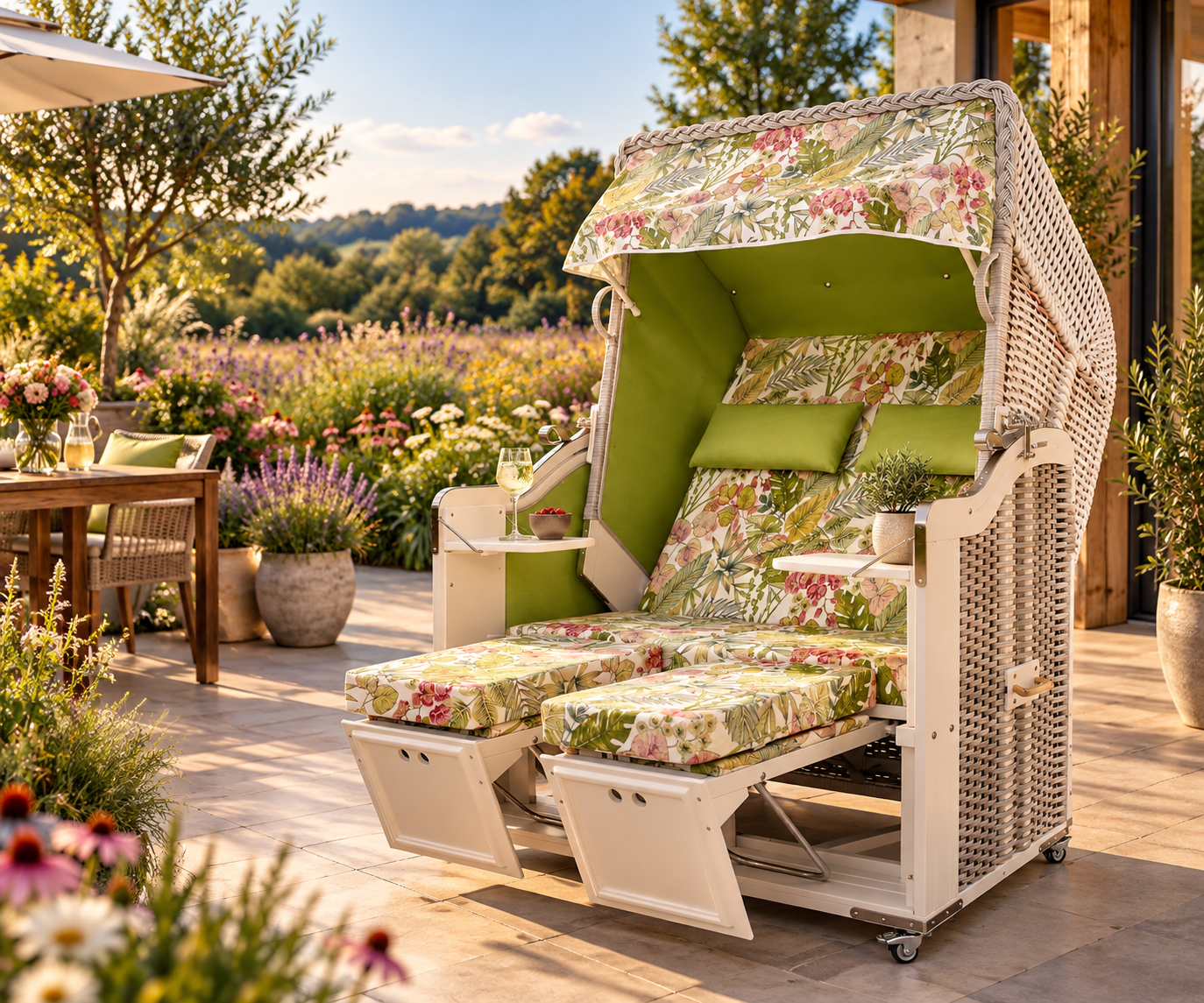 Strandkorb „Paradieso" auf einer Terrasse - Zweisitzer Ostseeform Halblieger