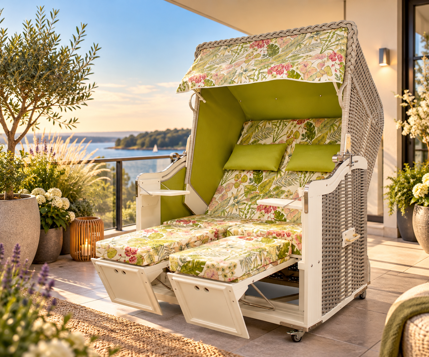 Strandkorb „Paradieso" auf einem Balkon - Zweisitzer Ostseeform Halblieger