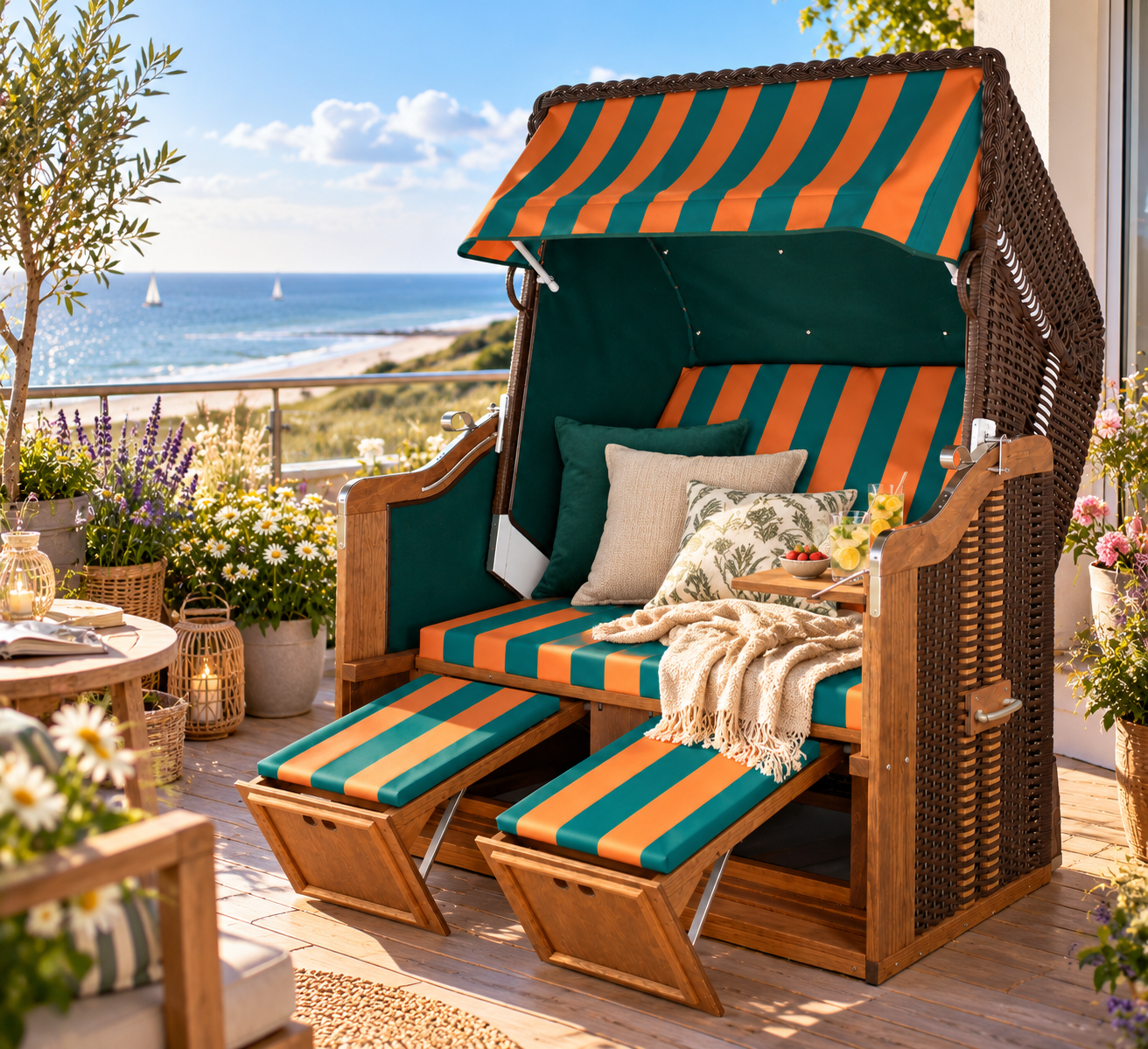 Strandkorb "Friesenland" auf einem Balkon - Zweisitzer Ostseeform Halblieger